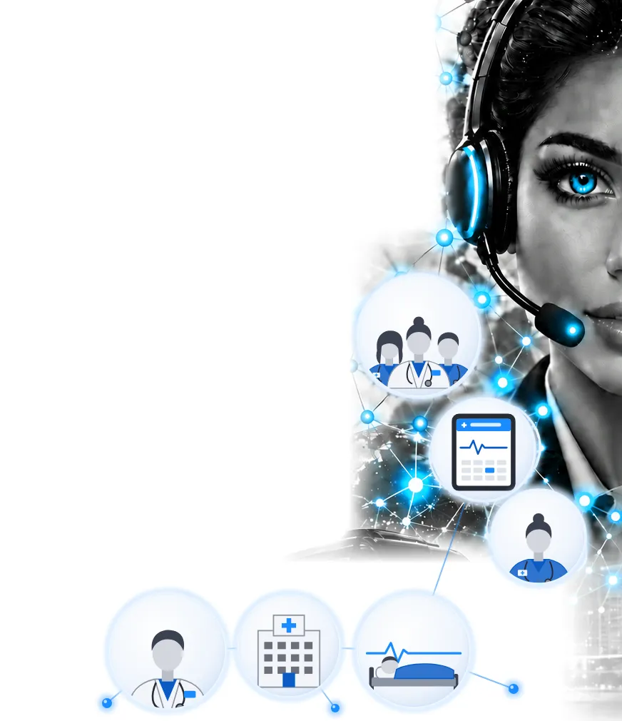 AI voice receptionist with a headset beside a network of doctors, nurses, patients and medical tablets