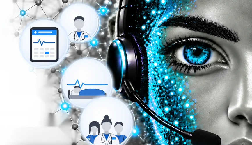 AI voice receptionist with a headset beside a network of doctors, nurses, patients and medical tablets